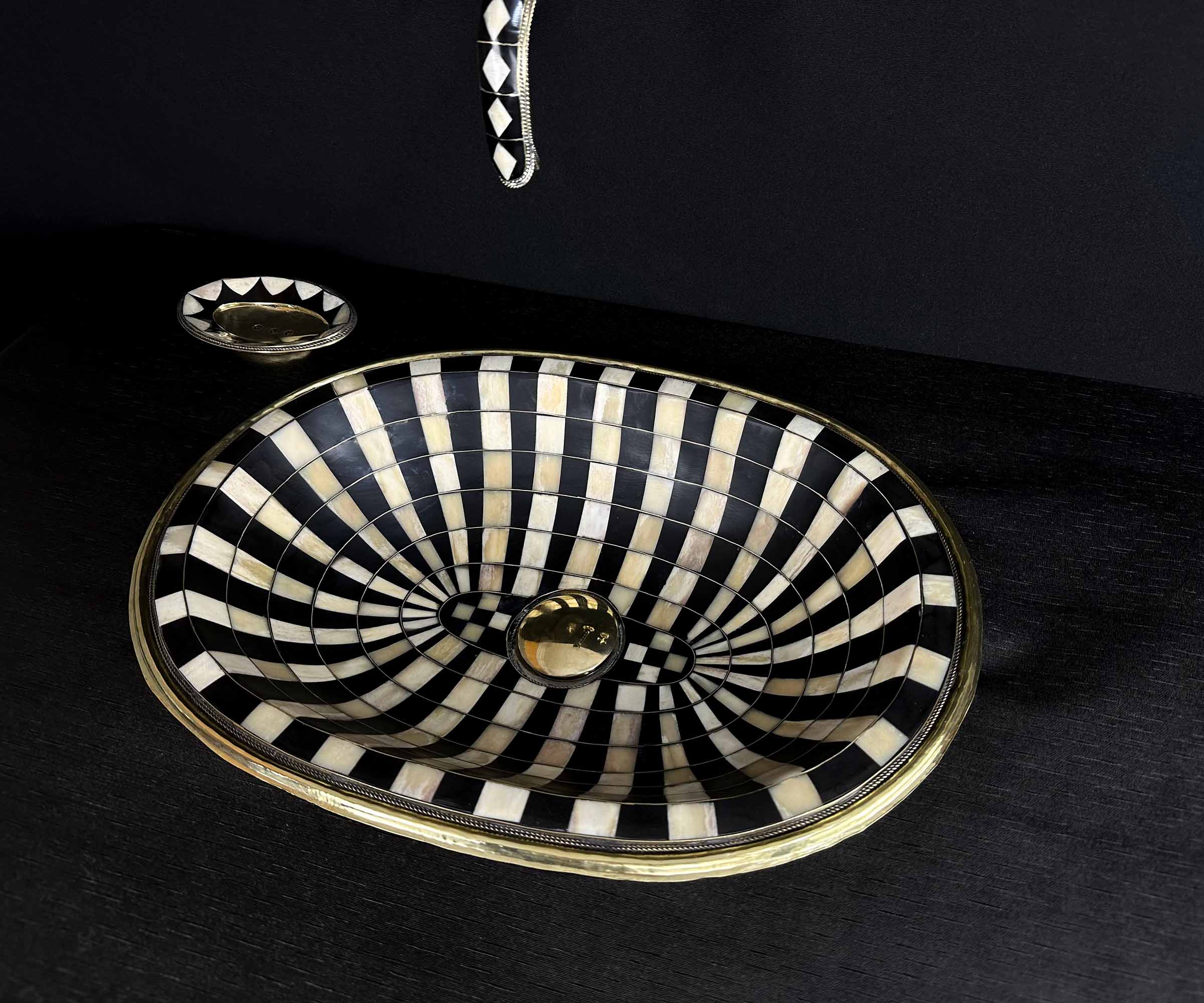 Unlacquered Brass Drop-In Sink Adorned with Resin and Bone Elements